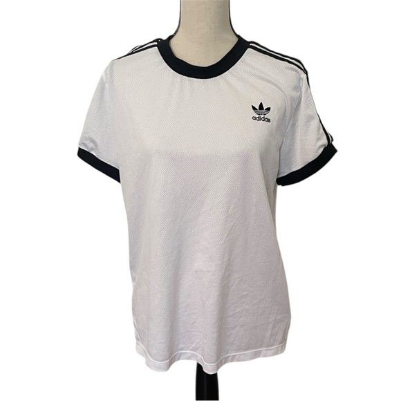 Adidas Women's White and Black Three Stripe Short Sleeve Netted Tee EUC - Picture 9 of 10